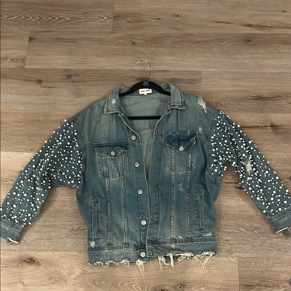 Sunset + Spring Pearl Studded Denim Jacket XS Cropped Distressed